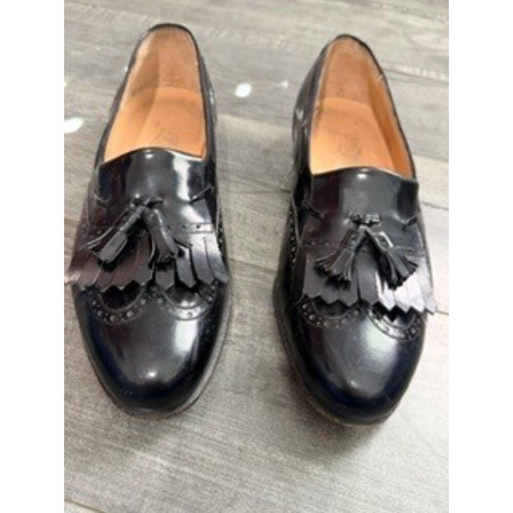 Vintage Salvatore Ferragamo Men's 10D Black Leather Kiltie Tassel Brogue Loafers